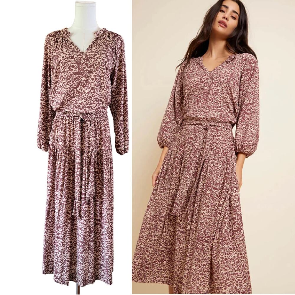 NATION LTD Simona Easy Peasant Maxi Dress Small Burgundy Boho Fall Balloon Sleev